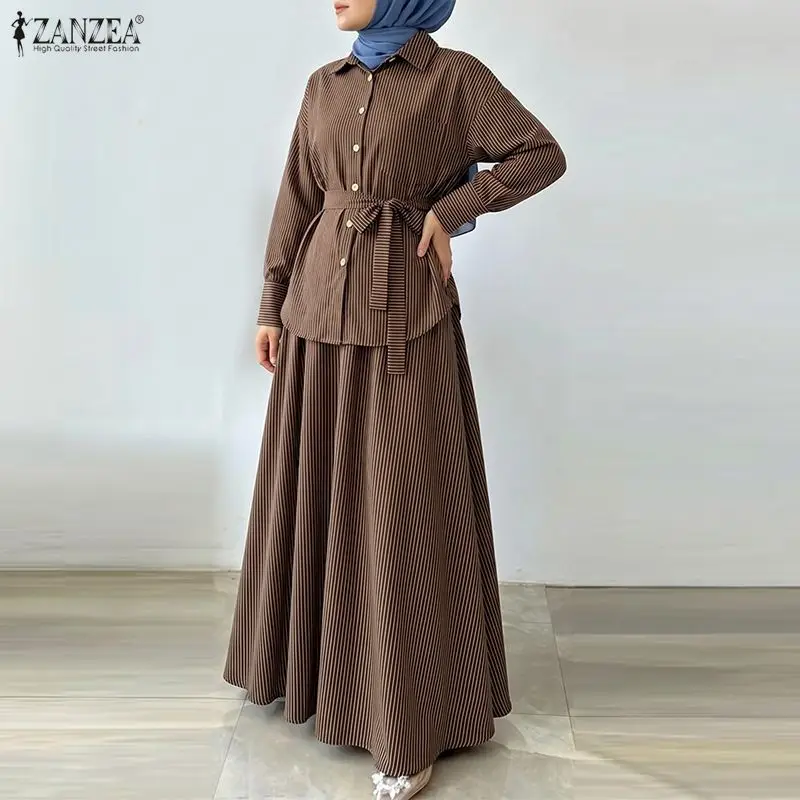 ZANZEA Ramadan-Outfits für muslimische Frauen, 2-teilige Sets, modische Hemdblusenkleider mit Revers und langen Ärmeln, elegante gestreifte OL-Arbeitskleidung, Rockanzug