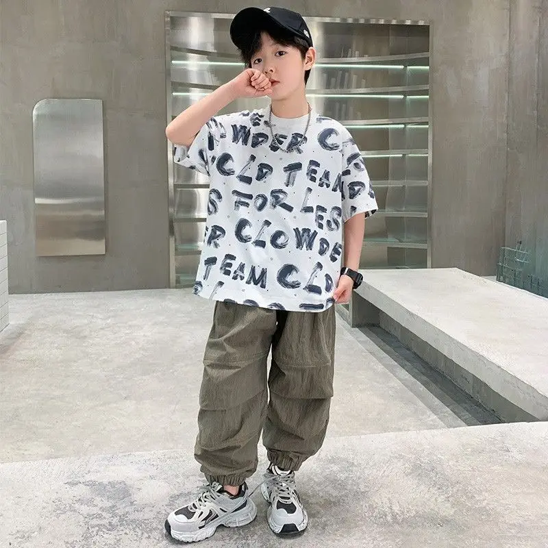 الصيف قصيرة الأكمام ملابس الأطفال أعلى وأسفل الملابس مجموعة قمصان الصبي الزي الأزياء 8 14 سنة دعوى السراويل الملابس قمم