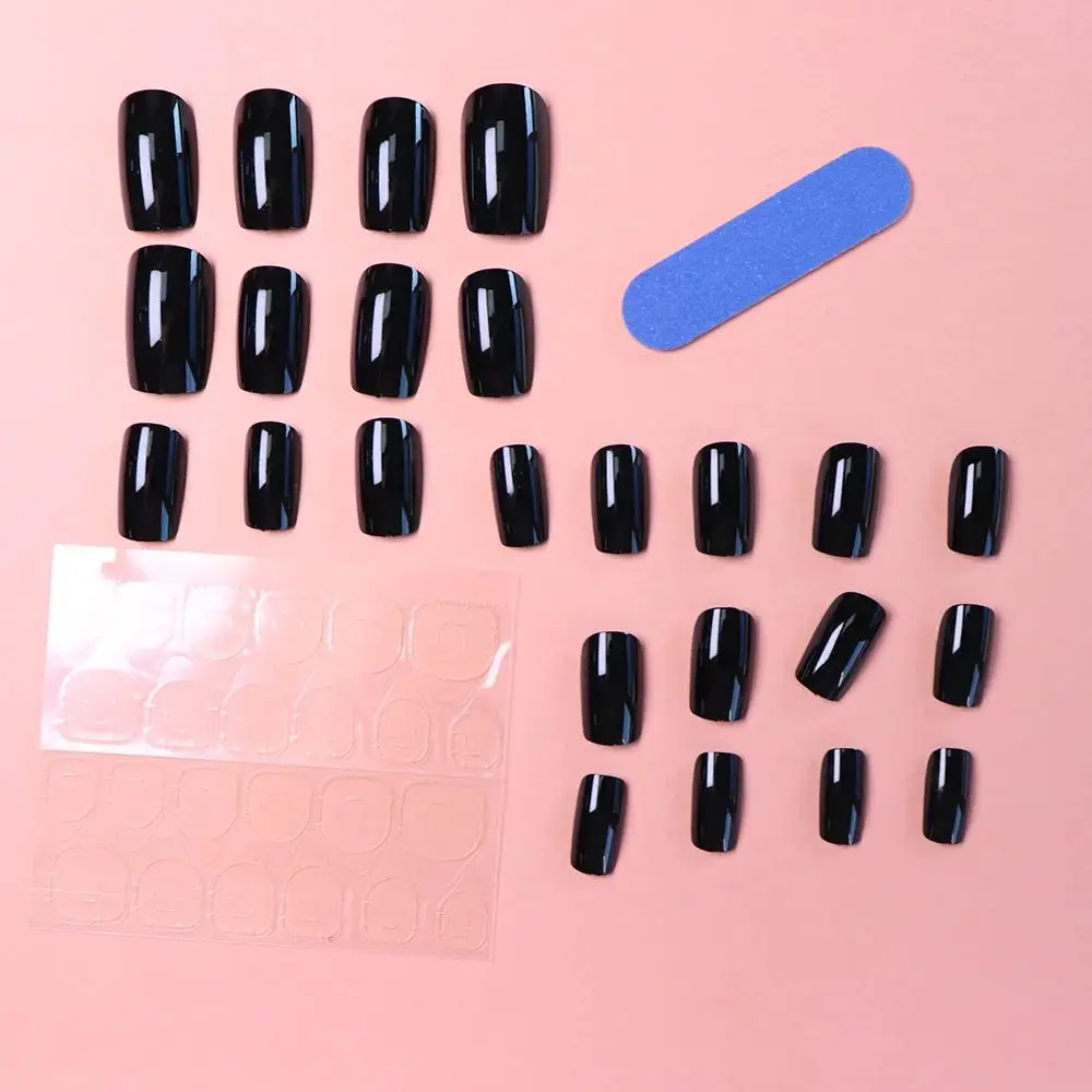 24pcs Medium Square Black Press On Nail Highlight Nails Solid Colored Wear Nails Cute Press On Nails Summer Press On Fake Nails