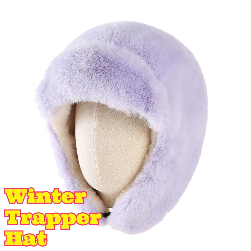 Womens Winter Outdoor Cycling Windproof Hat Fleece Lined Thick Faux Fur Trapper Hat Warm Cozy Warmth Comfort Earflap Knitted