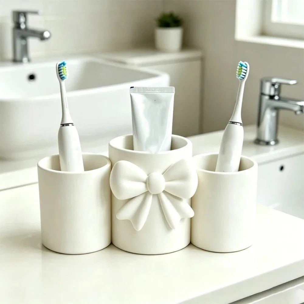 Embossed Bow Bow Storage Box 3D Printed Irregular Shape Makeup Brush Holder 3-Compartment Ornaments Desktop Decoration