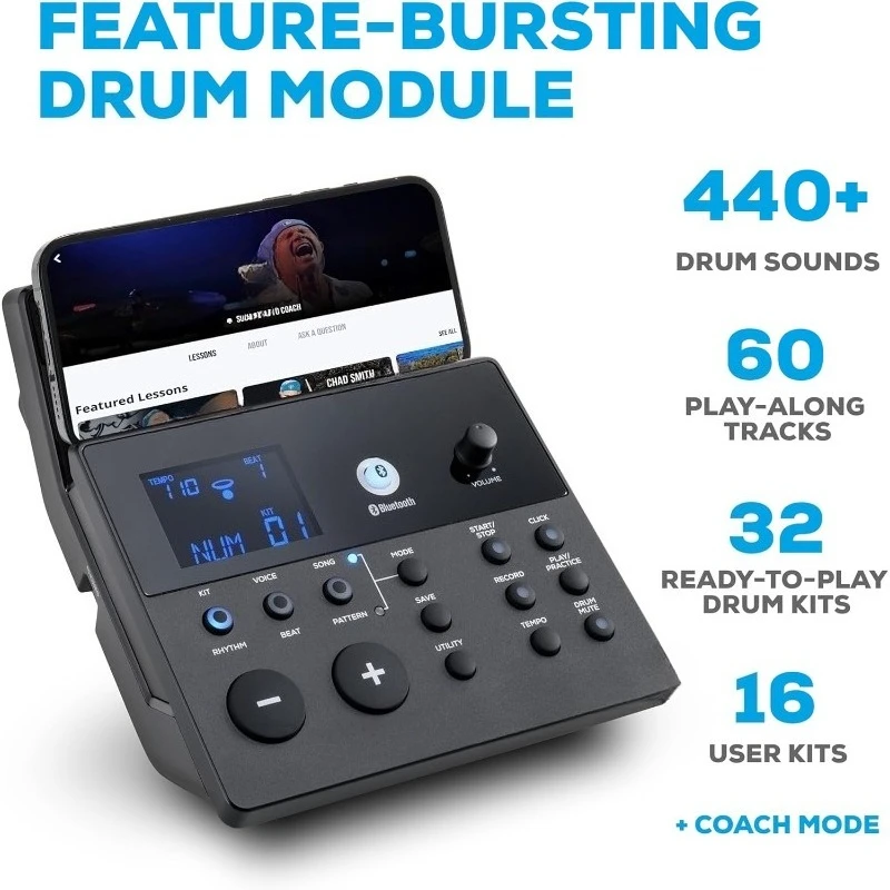 مجموعة طبلة كهربائية Nitro Max Kit مع وسادات شبكية هادئة، منطقة كمين 10 بوصة، بلوتوث، 440+ أصيلة، Drumeo، USB