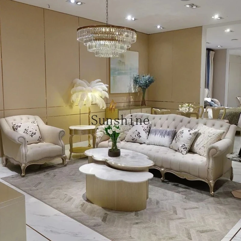 

American solid wood living room soft resting buckle real cowhide villa sofa