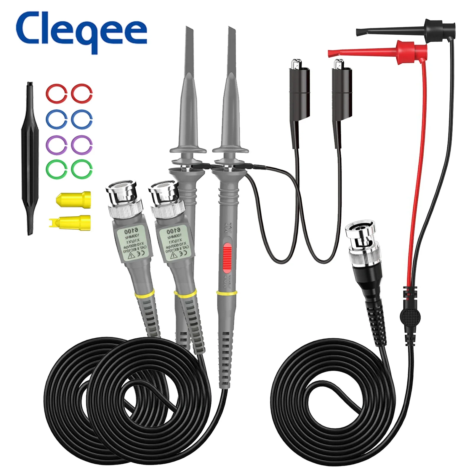 Cleqee P6100B 100MHz Oscilloscope Probes X1/X10 + P1007B Test Hooks Leads Mini Grabber to BNC Coaxial Cable Insulated Probe 10:1