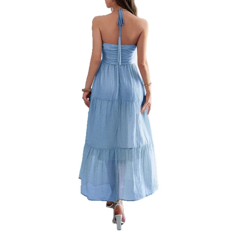 فستان طويل فساتين نسائية رسن شاطئ A Line Vestidos رقبة على شكل V بدون أكمام أنيق لصق Y2k ملابس الشارع الشهير صيف سادة 2025