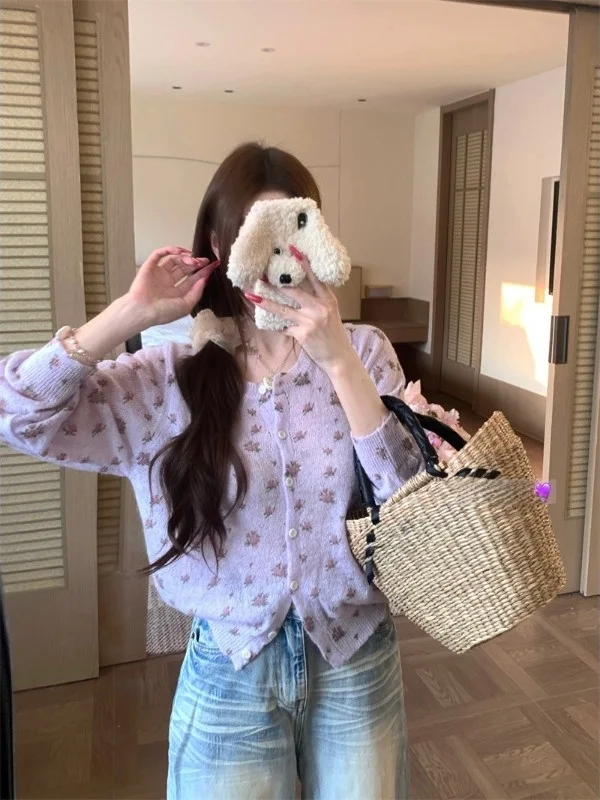 

Korean Style Sweet Floral round Neck Knitted Open Cardigan Women's Summer New Design Unique Versatile Slimming Short Top