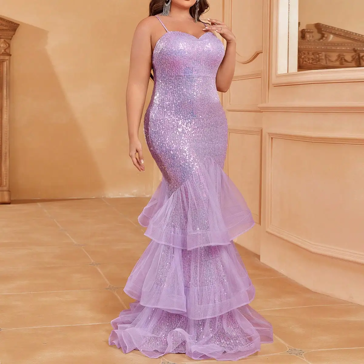 Plus Size Spaghetti Strap Back Cut Out Sequin Layered Mermaid Dress