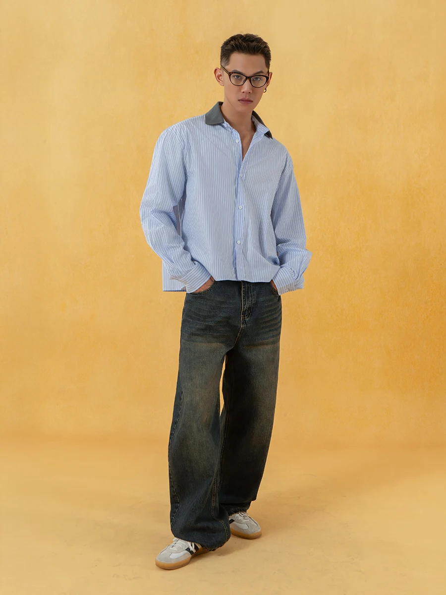 Blue Striped Contrast Color Lapel Long-sleeve Shirts Men's 2025 Four-season Wear Loose Casual Tops Trendy Youth Retro Chic Shirt