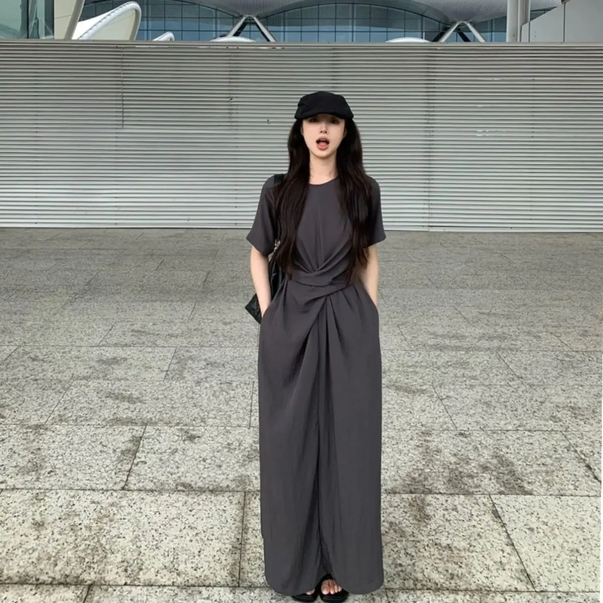 

Extra Large Code Elegant Dress Woman Bandage Split Short Sleeve O Neck Solid Ruched Black Dresses Female Solid Korean Summer