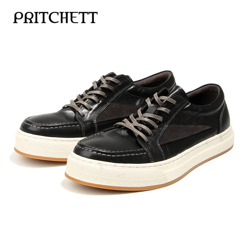 Thick-Soled Black Washed Horse Leather Sneakers Lace-Up Retro Distressed Casual Shoes Fashionable Personalized Men's Shoes