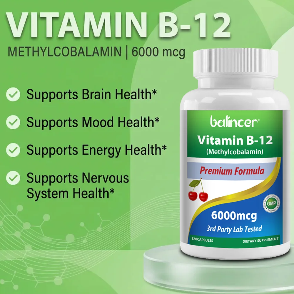 Vitamin B12 Supplement 6000mcg - Energy Brain Memory Mood, Heart  Function, Nervous & Immune System Support, 30/60/120 Capsules