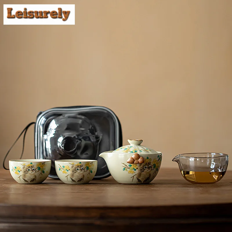 

Кремовый Ru печной фарфор Быстрый гостевой набор для чая ручной работы, 1 чайник, 2 чашки, чайник, портативный дорожный чайный сервис, пакеты, аксессуары