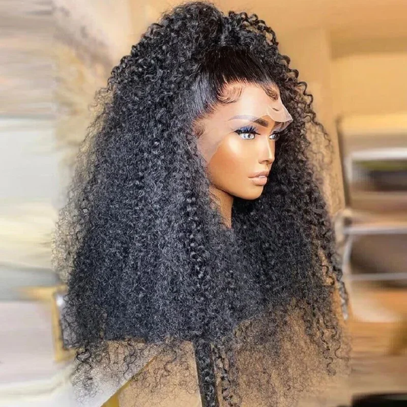 26Inch Soft 180Density Long Kinky Curly Natural Black Deep Lace Front Wig For Women Babyhair Glueless Preplucked Daily