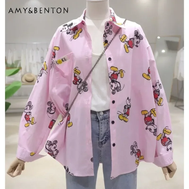 

Chic Lining Skin Tone Age Reduction Full Body Cartoon Blusas 2024 Autumn Loose Thin Versatile Cotton Long-sleeved Shirt Blouse