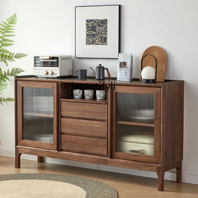 Side Cabinet Solid Wood Black Walnut Tea Cabinet Modern Simple Living Room Kitchen White Oak