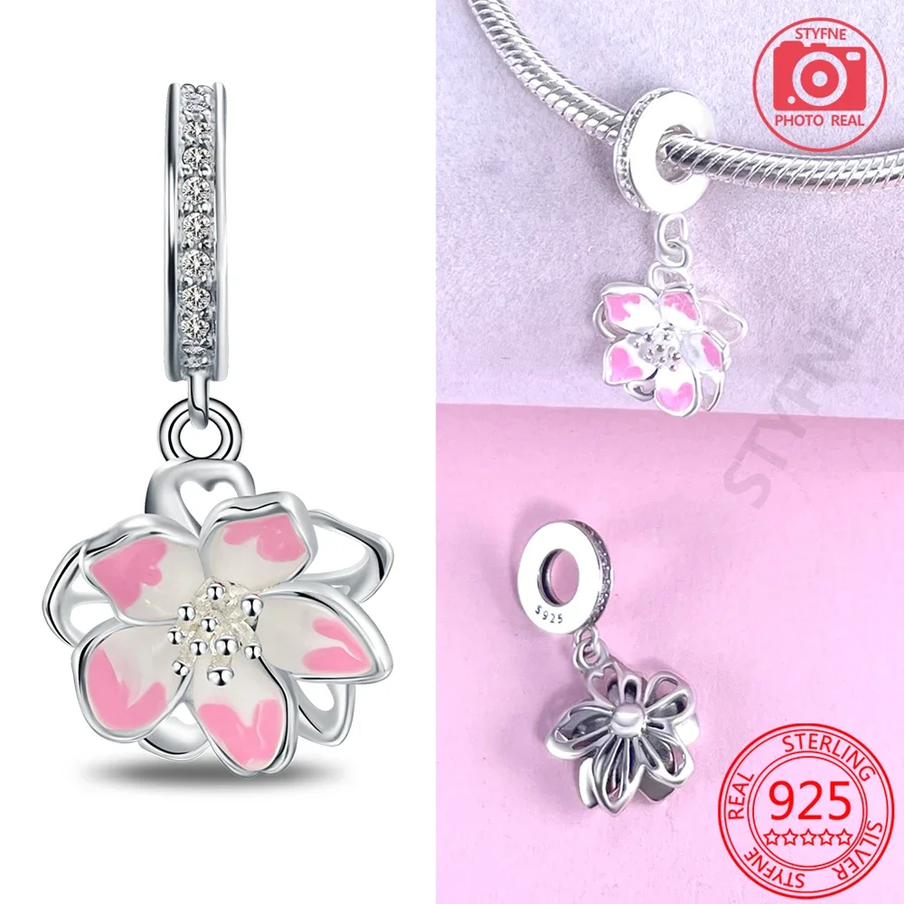 

Beautiful 925 Sterling Silver Cherry Blossom Dangle Charm Fit Pandroa Bracelet Women's Appreciating Flowers Jewelry Accessories