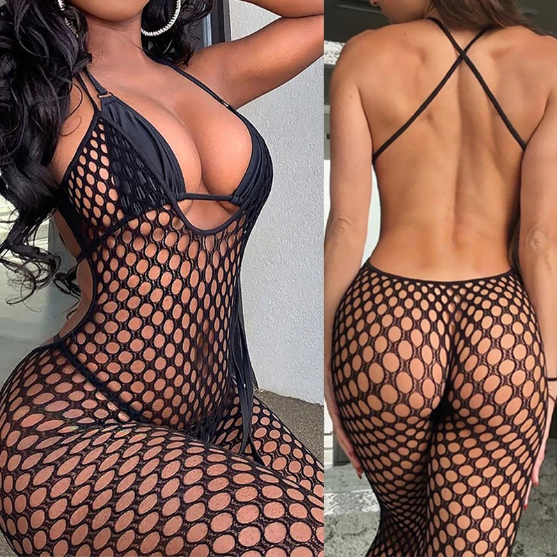 Erotic Crotchless Lingerie Women Backless Fishnet Lenceria Transparent Uniform Halter Mesh Bodystockings Lolita Cosplay Costumes