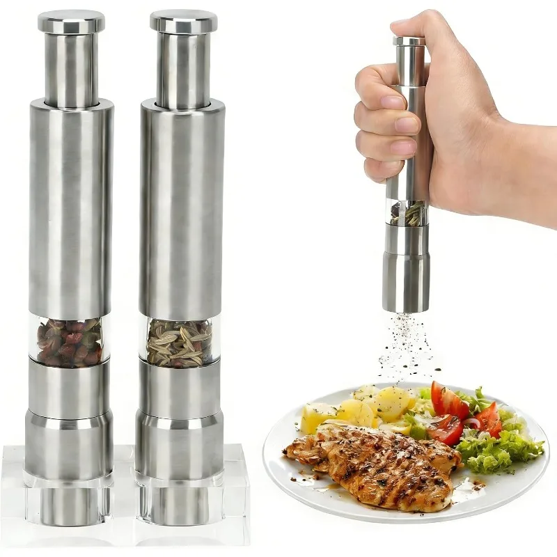 2Pcs Salt and Pepper Grinder, Stainless Steel Thumb Button Peppermill with Base Manual Refillable Thumb Press Grinder Set for Black Pepper Sea Salt Spice