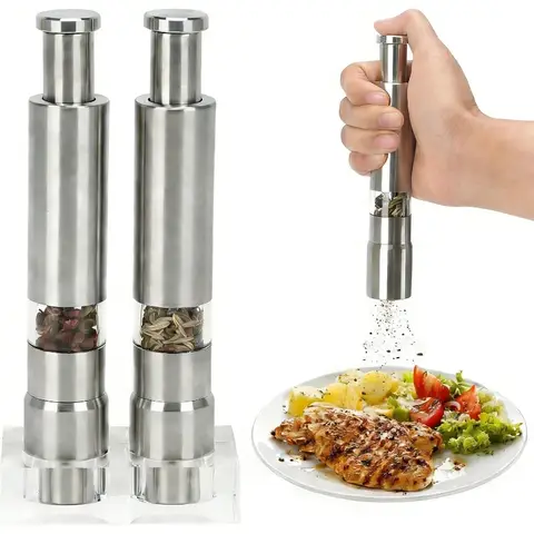 2Pcs Salt and Pepper Grinder, Stainless Steel Thumb Button Peppermill with Base Manual Refillable Thumb Press Grinder Set for Black Pepper Sea Salt Spice