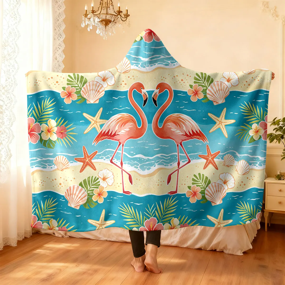 1pc flamingo beach flower shell-printed flannel hat blanket flannel hoodie wearable cape blanket soft casual washable blanket