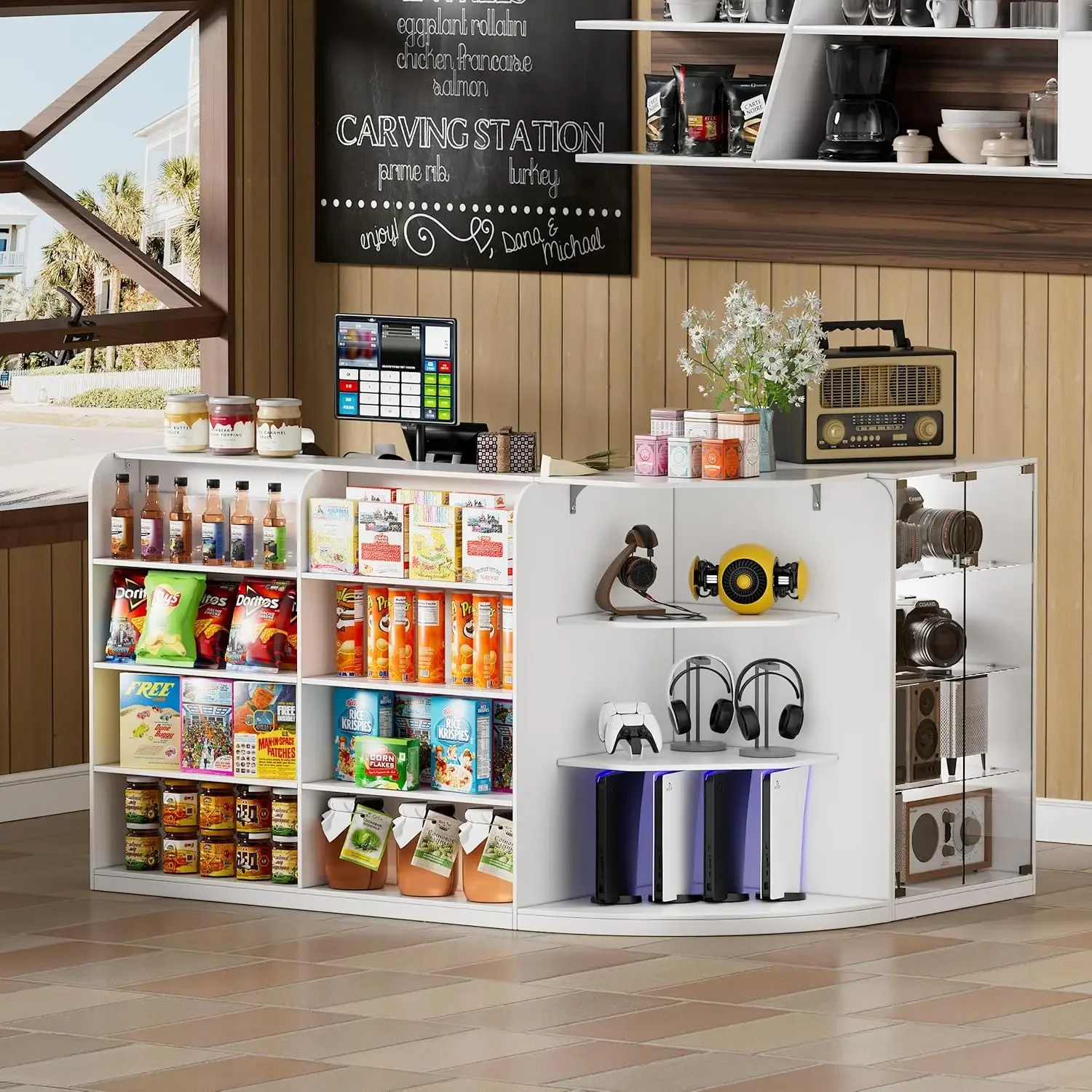 

Бестселлер [Магазин Helong] Стойка ресепшн с прилавком для розничной торговли и кассового зала, современная стойка ресепшн с выдвижными ящиками и открытыми полками