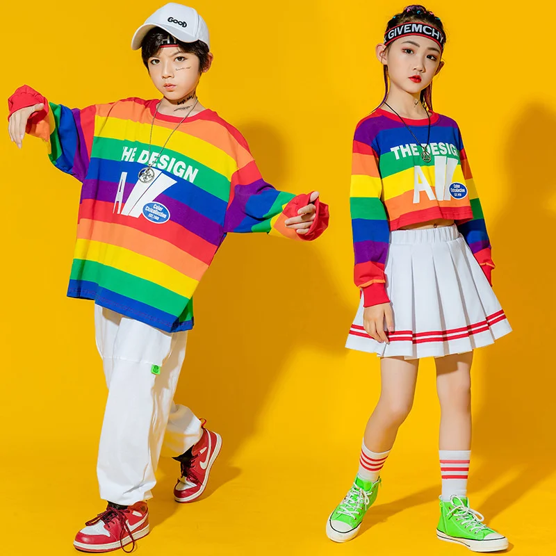 Children's Hip-hop Trendy Clothes Boys and Girls' Color Stripe Suit Primary School Students' Hiphop Performance Trendy Clothes