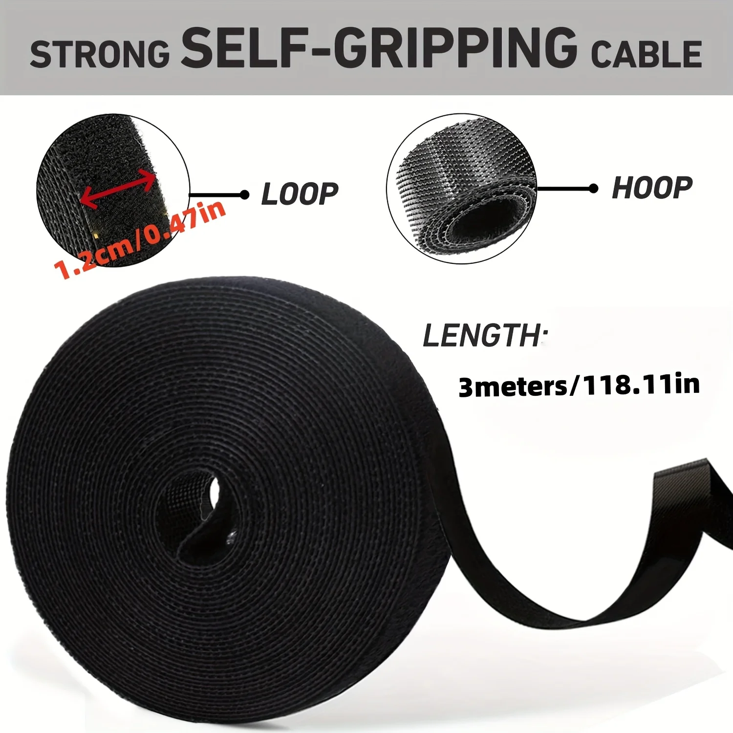 1pc 3meters/118.11 Inch Reusable Self-adhesive Tape Double-sided Hook and Loop Zipper Organizer