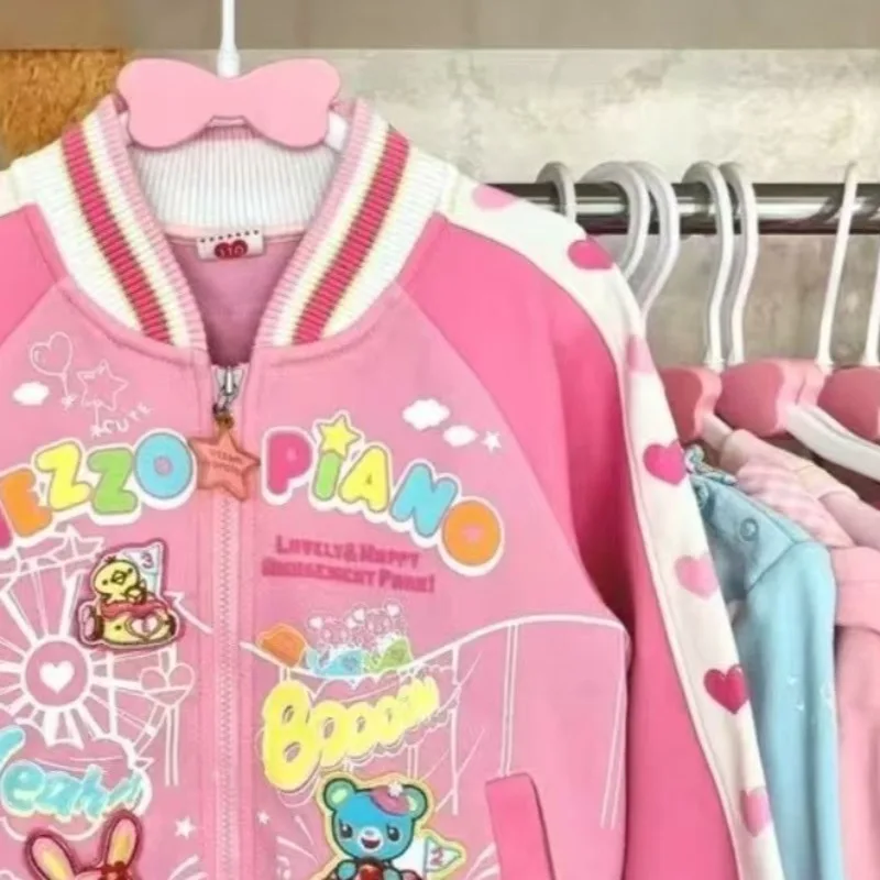 اليابانية ثقافة فرعية الكرتون طباعة رياضية الوردي Kawaii البيسبول سترة سستة سترة معاطف الموضة لطيف الحلو فتاة الملابس