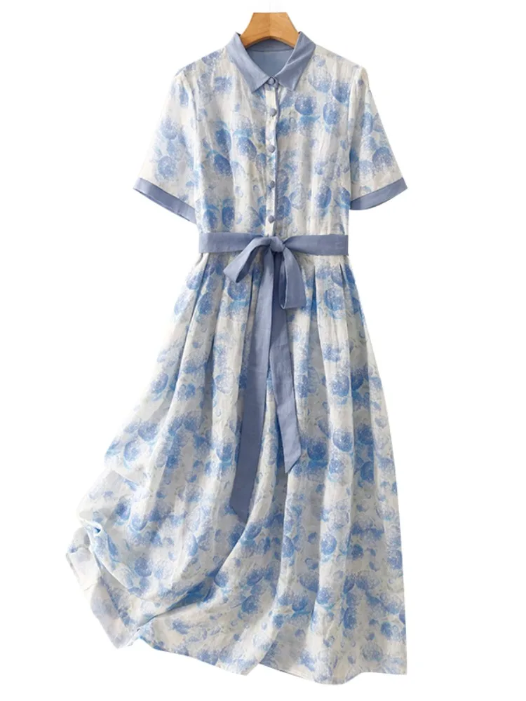 Ele Blauw Katoen Linnen Print Dr Dames Zomerontwerp Afslankende Taille Reizen Lange Rok A-lijn Midi Dr Enkele knop