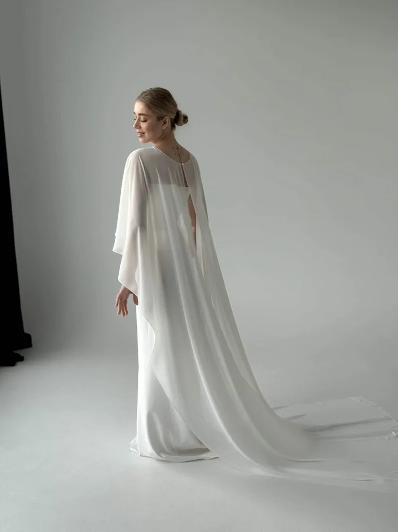 

Customized Wedding Cape White Bride Shawl Chiffon Bridal Cape Off-white Bridal Cloak Long Cape Train