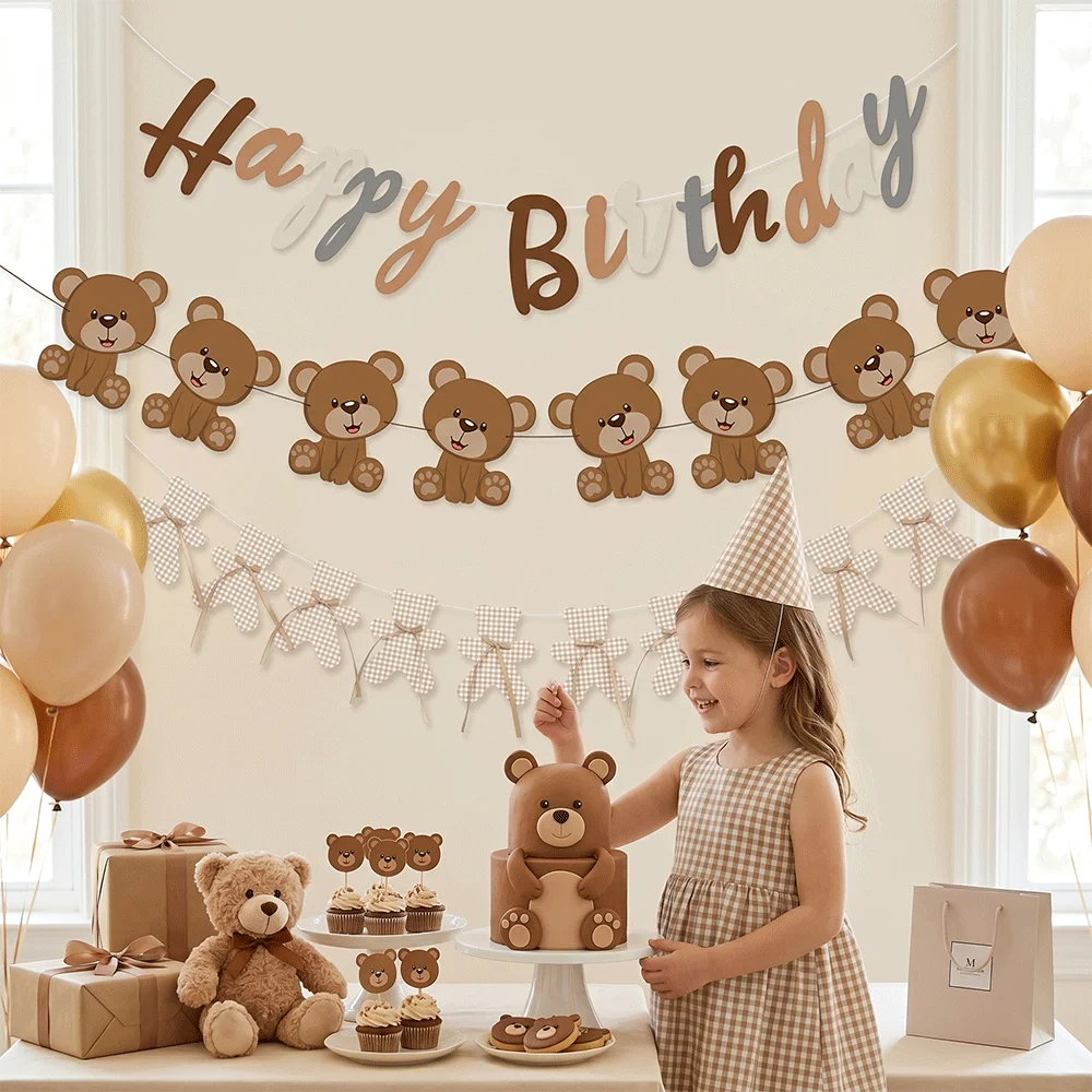 Décorations de fête Bohème Ours en Peluche, Bannières Joyeux Anniversaire Marron, Guirlandes et Fournitures pour Événements Thème Animaux de la Forêt et Baby Shower