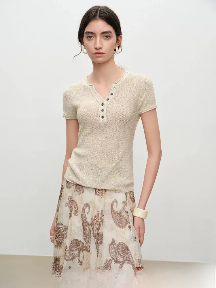 

Self-Elegant Short Sleeve Henry Collar Knitted Top Women's Slim Fit Style Commute Fashion Polyester Rayon Linen Blend Summer