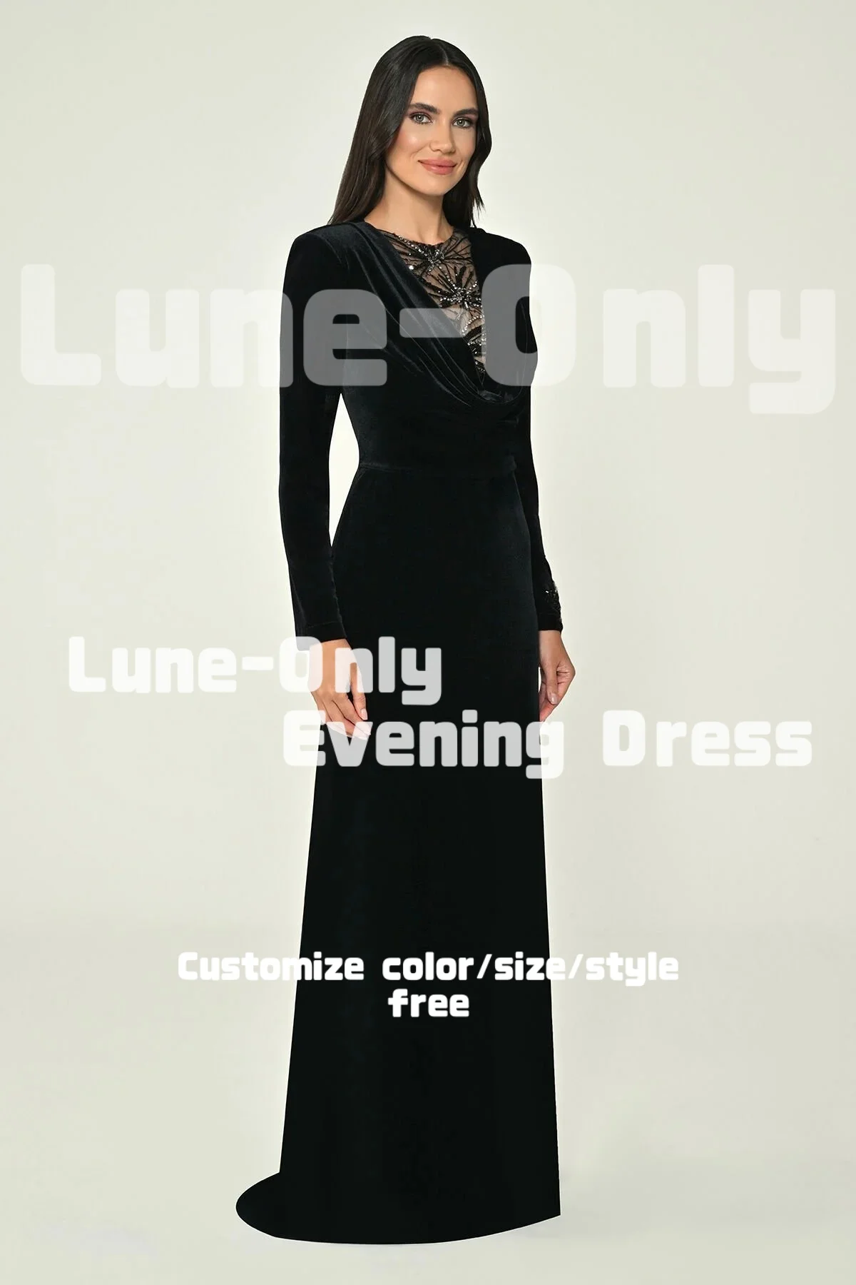 カスタマイズされた黒のベルベット長袖ビーズ付き高級イブニングドレス床丈エレガントなパーティードレスプロムフォーマルドレス