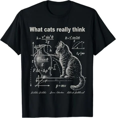 Camiseta divertida con gráfico de gato de física: ¿Qué piensan realmente los gatos? Diseño de meme de gato, camiseta de manga corta, top informal estético para hombres y mujeres
