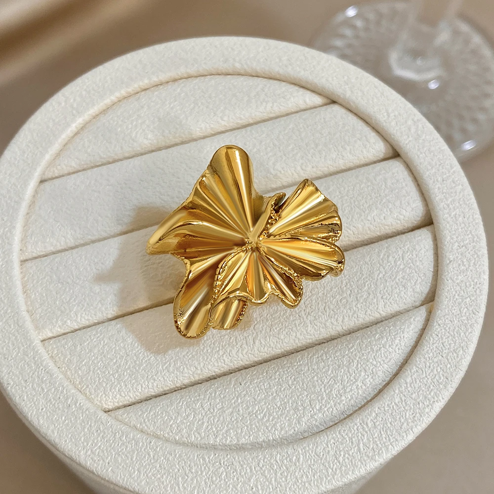 Unique Irregular Wrinkle Flower Adjustable Ring for Women Fashion Gold Plated Stainless Steel Smooth Finger Rings Jewelry Gifts