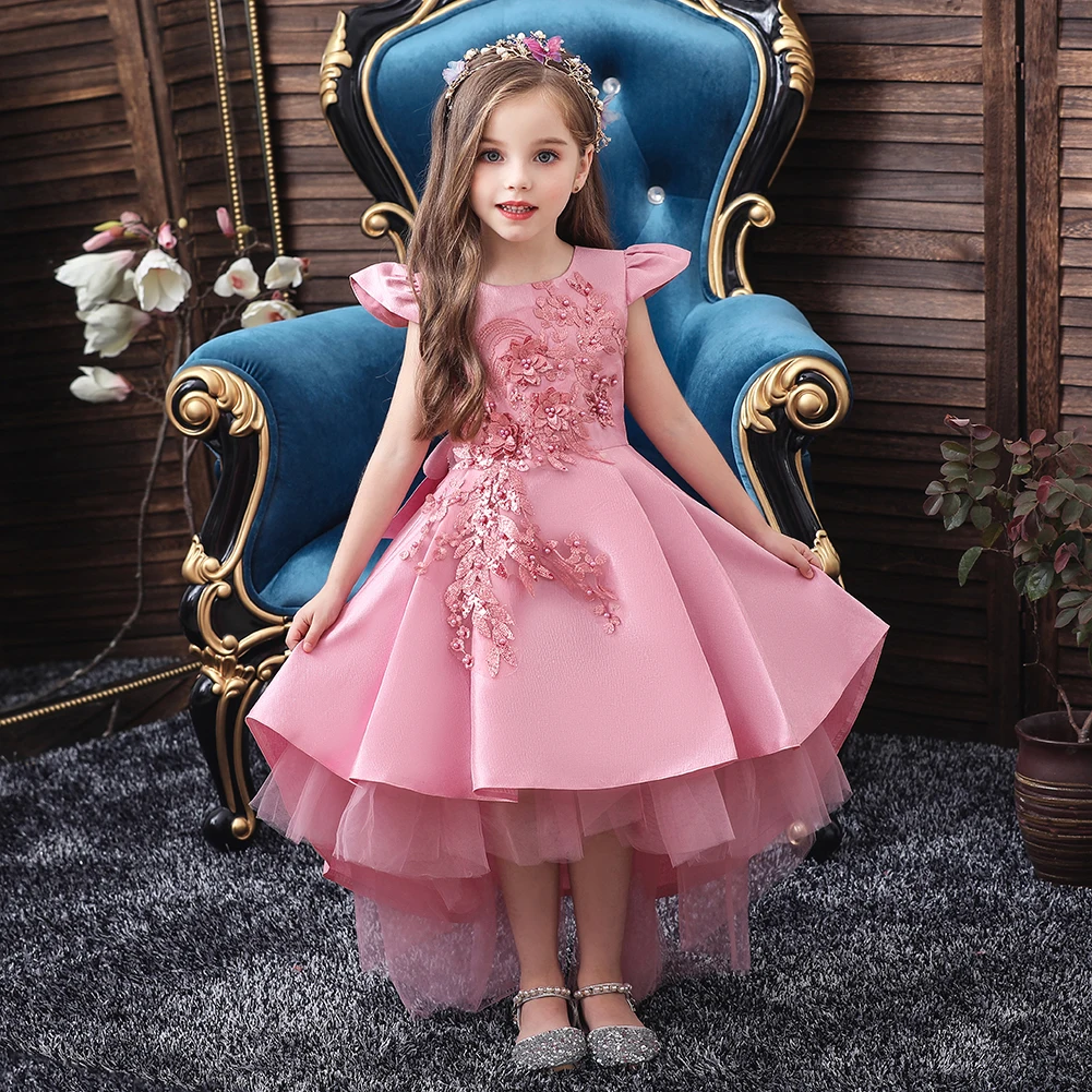 

5704 Pink Elegant Satin Flower Dress for Girls Ages 3-12 with Long Tail Fluffy Princess Birthday Party Dress