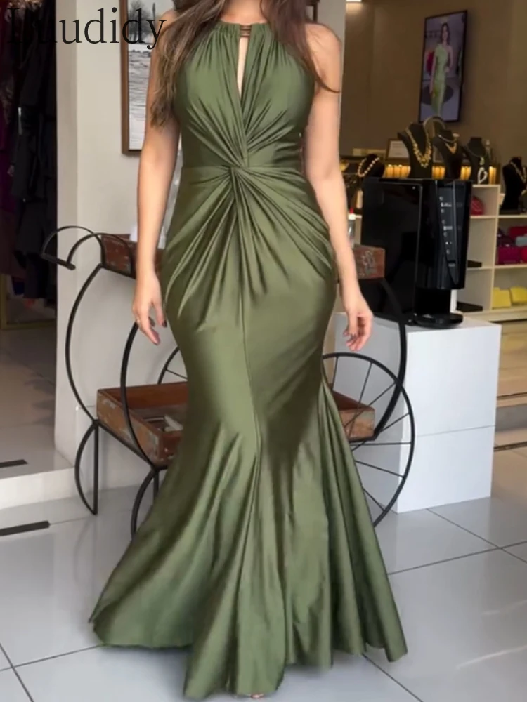 サテン ノースリーブ 中空ツイスト フロント パーティー ドレス タイ ディテール バックレス ジッパー バック マーメイド ヘム ドレス