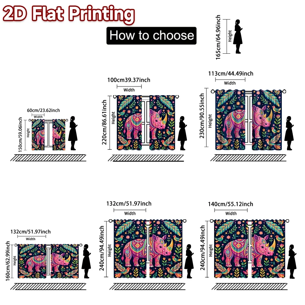 2D flat printing 2pcs Christmas Curtains Floral Pink Rhinoceros Digitally printed polyester, durable Party & Holiday Decor Use