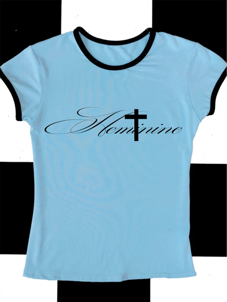 

Y2k Street Wear Vintage Graphic Millennium Style Letter Cross Print Casual Slim Fit short Sleeve punk Vest Baby Tee emo T-Shirts