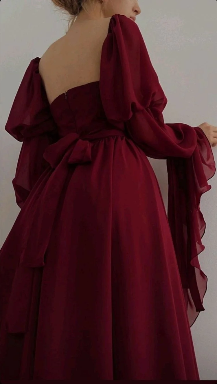 Sapmine-vestido de tul con escote cuadrado para mujer, prenda elegante de manga larga, corte en A, hasta el suelo, con volantes, color rojo, Formal, para fiesta de graduación