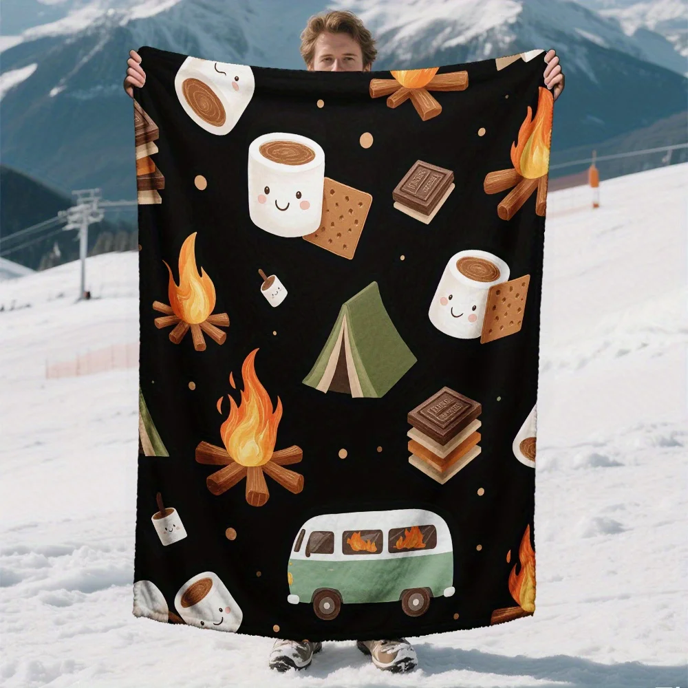 Flannel Blanket with Camping S'mores Design, Brushed Surface, Cozy for Hotels, B&Bs & Upscale Accommodations, Camping