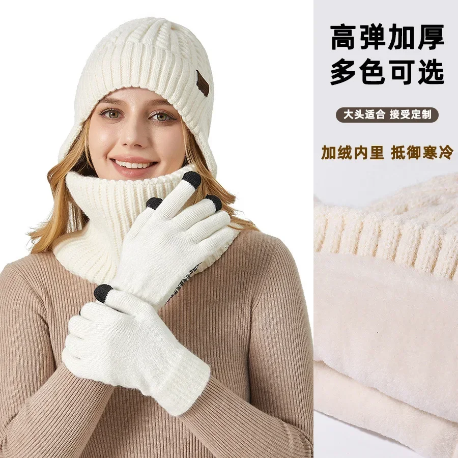 3-in-1 Winter Hat Scarf Gloves Set Men Fleece Lined Beanie with Ear Flaps Touchscreen Gloves Warm Knitted Outdoor Women Caps