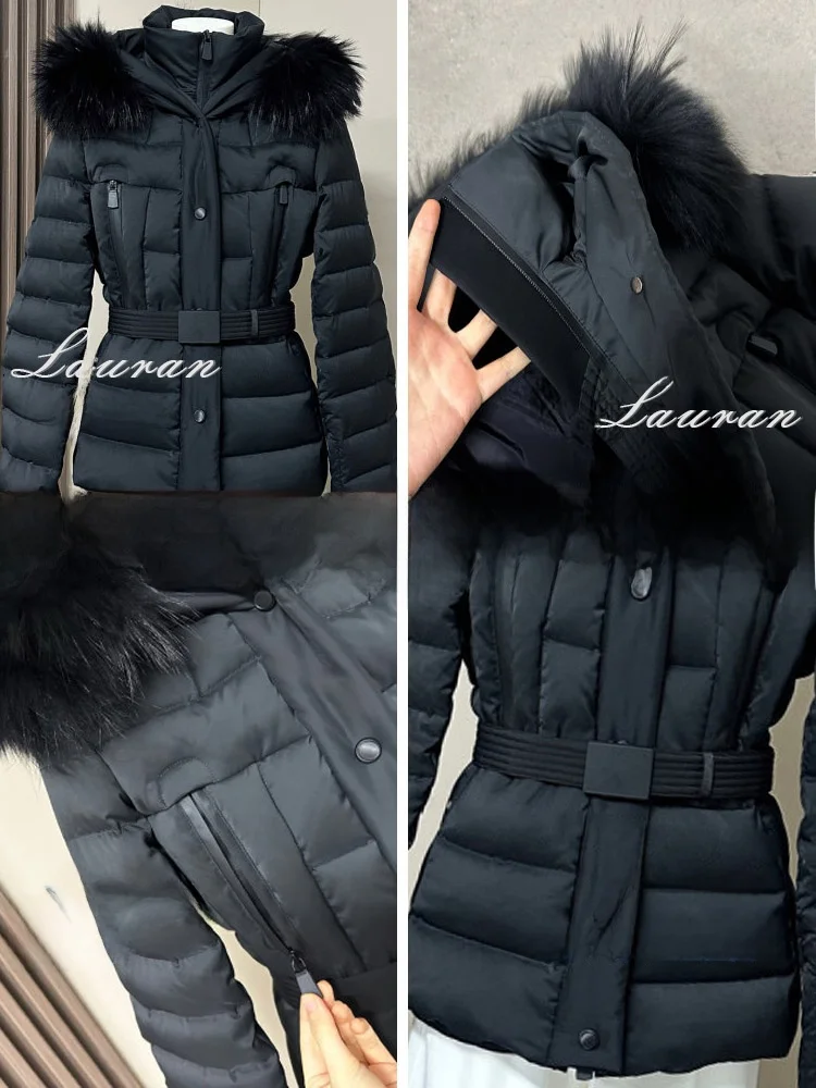 Jaqueta Curta E Preta com Gola de Pele para Mulheres, Casaco de Inverno Quente com Cintura Ajustável, Estilo Moderno p...