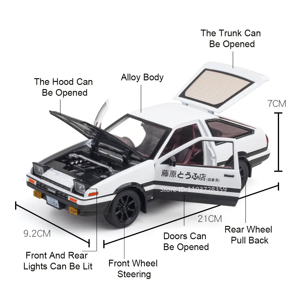 Modèle de voiture jouet AE86 RAV4, échelle 1:24, jouets miniatures en alliage moulé sous pression, son et lumière, porte ouverte, modèles de véhicules rétractables, cadeaux pour enfants