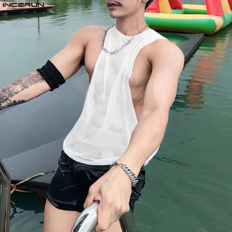 INCERUN Herren Tanktops Mesh Durchsichtig O-Ausschnitt Ärmellose Männerwesten Sommer Einfarbig Streetwear Sexy 2026 Mode Tops Herrenkleidung