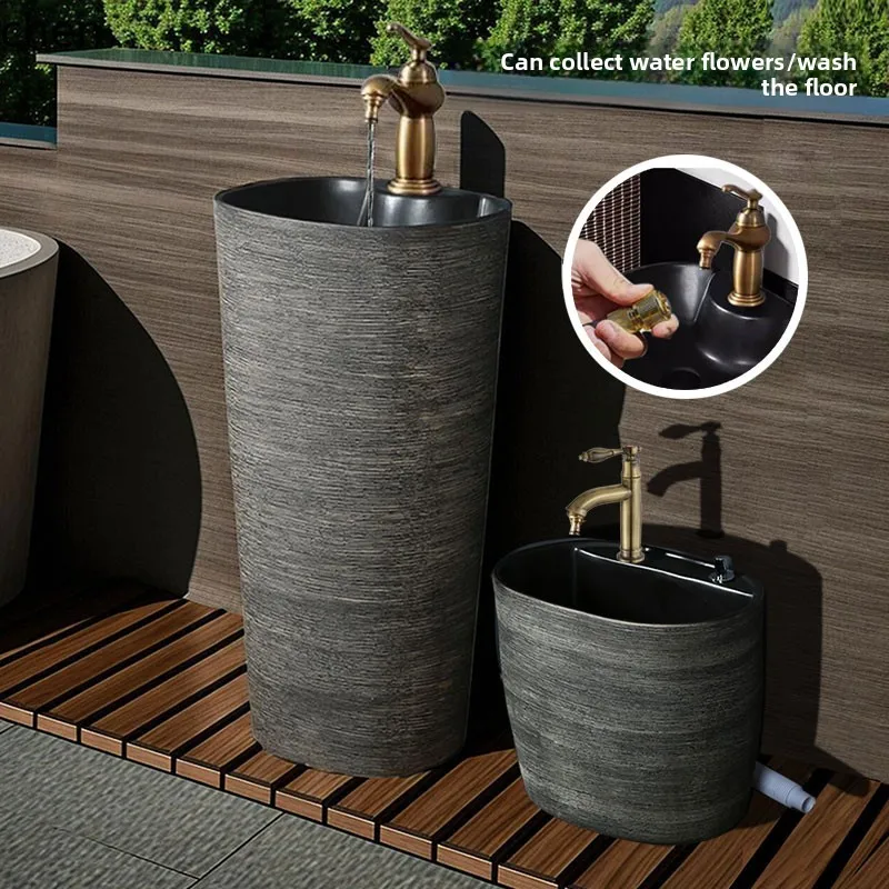 

HTT household balcony column basin small apartment column type washbasin floor type outdoor integrated ceramic pillar basin