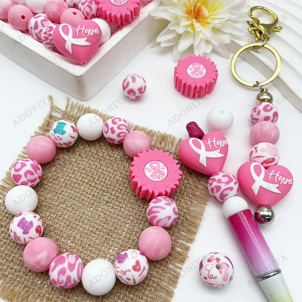 33/34-teiliges Silikonperlen-Set zum Thema Brustkrebs-Bewusstsein, DIY-Perlenkette, Armband, Dekoration, Stift, Schmuckanhänger usw. Feiertags-Geburtstagsgeschenk – Detail 6