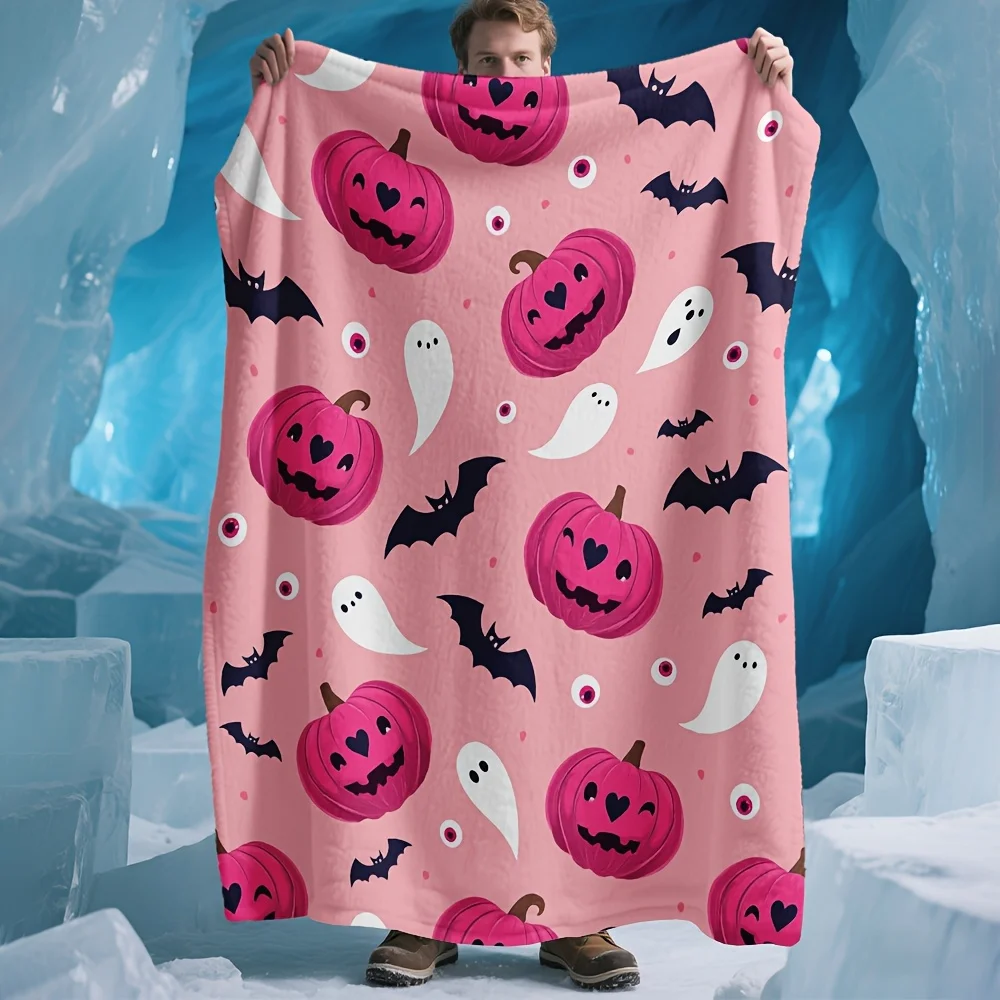 1pc a for Halloween Blanket Featuring an Adorable Design with Pink Ghosts, Pumpkins, And Bats. This Soft And Cozy Flannel Throw