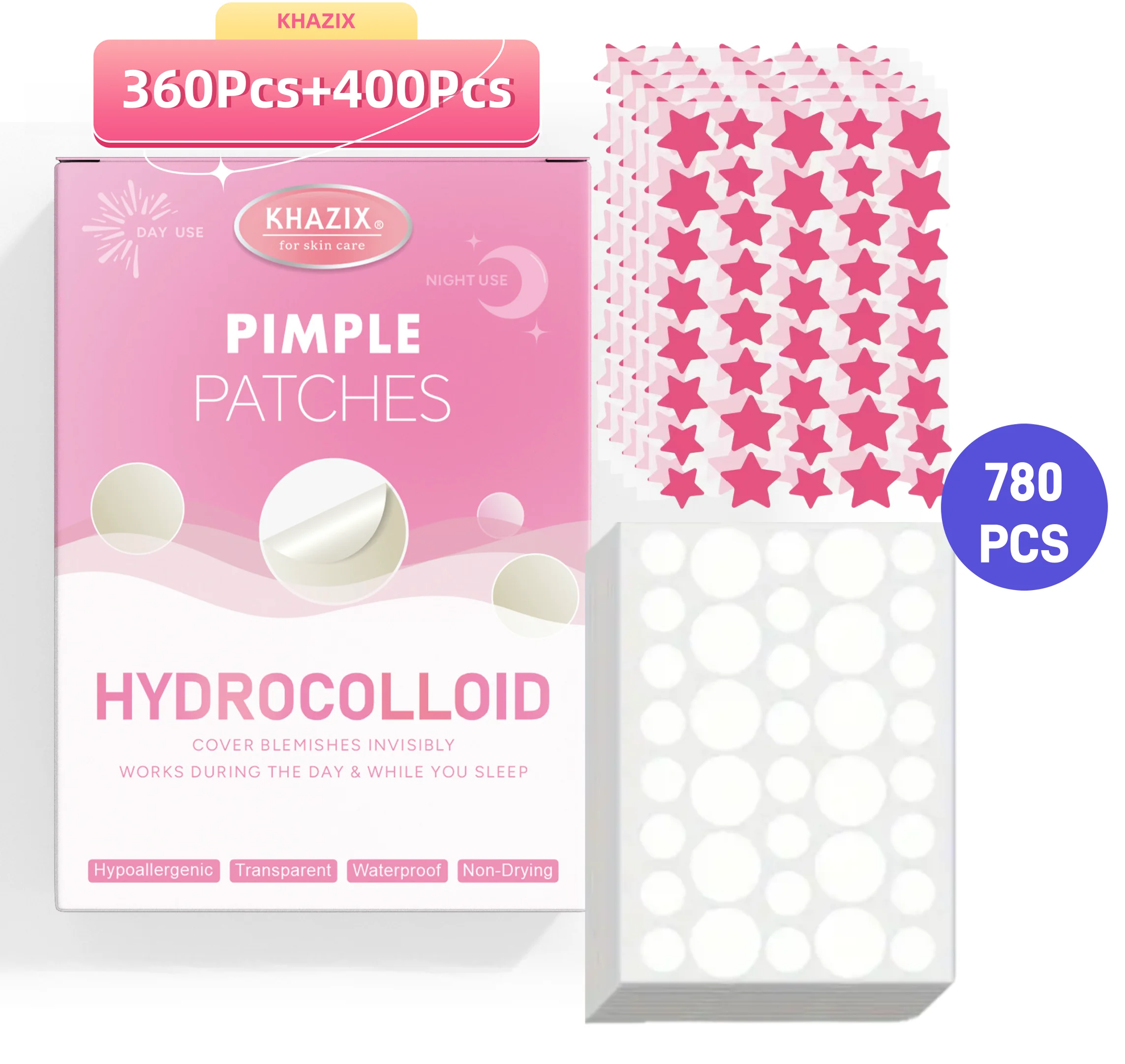760pcs Pink star round double acne sticker, ultra-thin waterproof, mild and non-irritating acne sticker