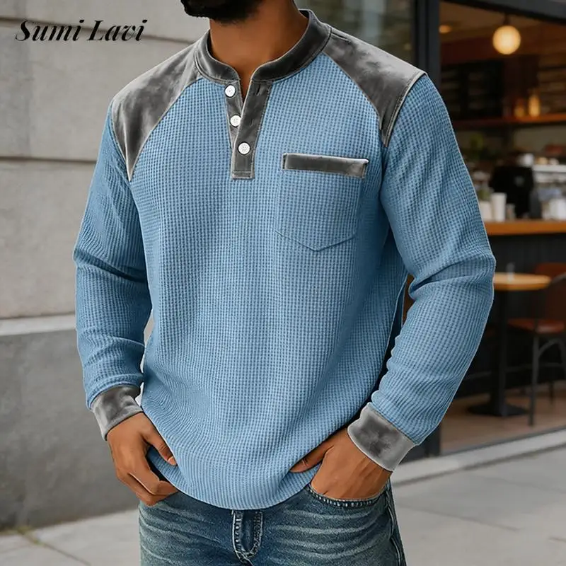 2026 Fall Winter Warm Polo Shirts Mens Stylish Contrast Color Waffle Texture Pullover Daliy Casual Sport Long Sleeve Shirt Tops